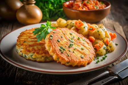 fried potato pancakes with vegetable filling and fried salmon on plate, created with generative aiの素材