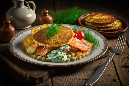fried potato pancakes with vegetable filling and fried salmon on plate, created with generative aiの素材