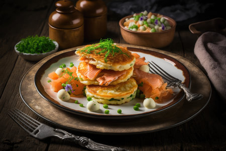 fried potato pancakes with vegetable filling and fried salmon on plate, created with generative aiの素材