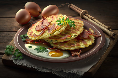 traditional german food in form of potato pancakes with bacon, created with generative aiの素材
