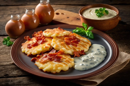 servings of delicious fried potato pancakes with sauce and bacon, created with generative aiの素材