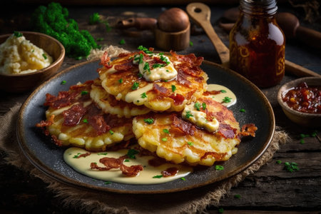 servings of delicious fried potato pancakes with sauce and bacon, created with generative aiの素材