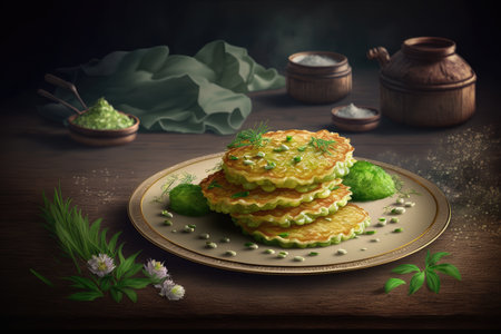 potato pancakes with delicate crispy surface and green decoration, created with generative aiの素材