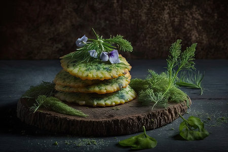 potato pancakes with delicate crispy surface and green decoration, created with generative aiの素材