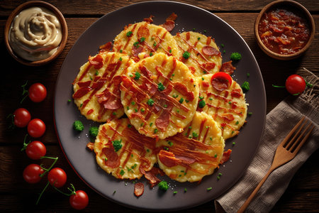 delicious crispy potato pancakes with chopped bacon pieces, created with generative aiの素材
