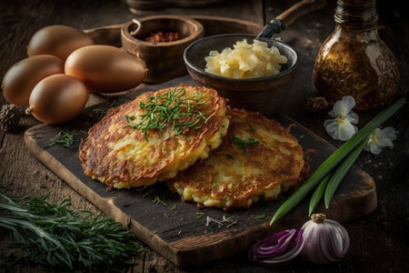 delicious homemade potato pancakes with onion filling, created with generative aiの素材