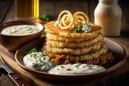 potato pancakes with fried onion rings and sour cream sauce, created with generative aiの素材