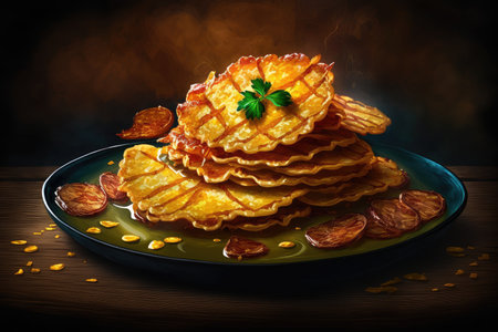 delicious golden crispy potato pancakes with fried bacon slices, created with generative aiの素材