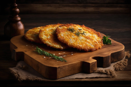 potato pancakes with thin golden crust on wooden board, created with generative aiの素材