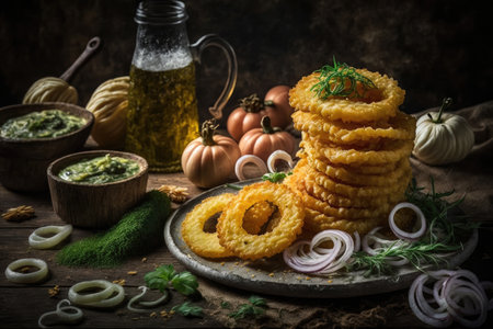 light crispy potato pancakes with onion rings and gherkin slices, created with generative aiの素材