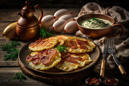 traditional food in form of potato pancakes with fried bacon, created with generative aiの素材
