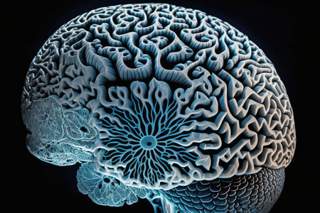 close-up of human brain, with intricate patterns and connections visible, created with generative aiの素材