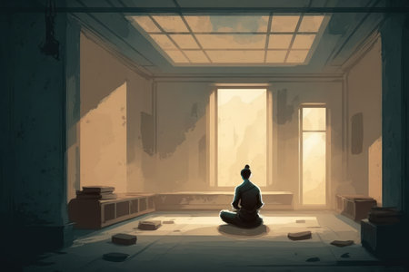 person, sitting in quiet room, meditating and focusing on their breathing, created with generative aiの素材