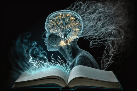 person, reading a book, with brain processes visible in the form of electrical impulses and chemical reactions, created with generative aiの素材