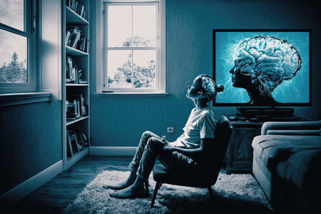 person, sitting in quiet room, with brain processes visible on their forehead, created with generative aiの素材