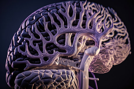 close-up of human brain, with intricate neural pathways visible, created with generative aiの素材