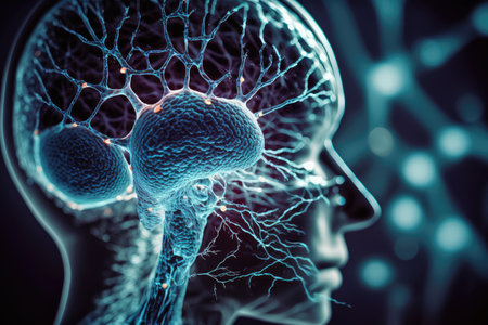 close-up of persons brain, with intricate networks of neurons visible, created with generative aiの素材