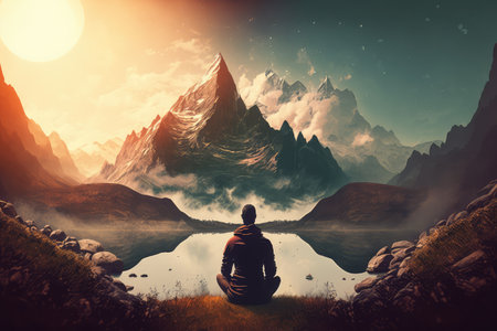 person, meditating, with view of peaceful nature scene, to show closeness of mind and body, created with generative aiの素材