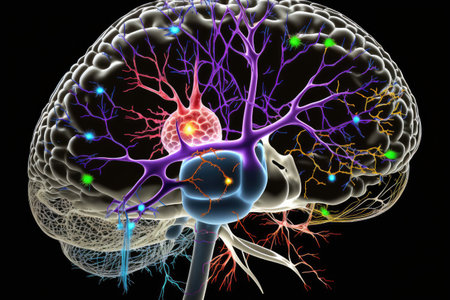 human brain, with view of neurons firing and synapses connecting, created with generative aiの素材
