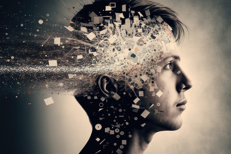 person, thinking through complex problem, with flurry of thoughts and ideas visible on their face, created with generative aiの素材