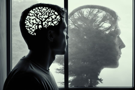 person, thinking deeply about important decision, with view of brain processes visible in background, created with generative aiの素材