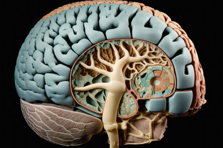 human brain, with view of the skull and skin removed, showing intricate structures and connections, created with generative aiの素材