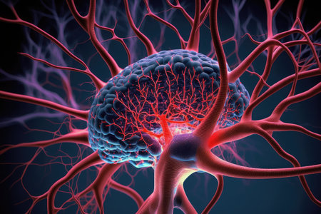 close-up of human brain, with blood vessels and neurons visible, created with generative aiの素材