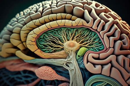 close-up of human brain, with view into the workings of the mind, created with generative aiの素材