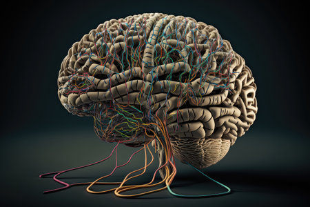 human brain, with intricate wiring and connections, shown in close-up, created with generative aiの素材