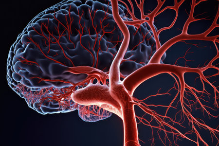 close-up of human brain, with blood vessels and neurons visible, created with generative aiの素材