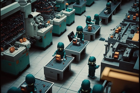 factory floor, with rows of androids being assembled by machines, created with generative aiの素材
