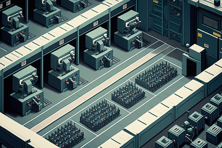 factory floor, with rows of androids being assembled by machines, created with generative aiの素材