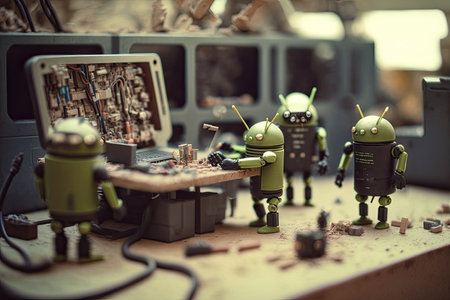 androids working in busy factory, building and repairing new models, created with generative aiの素材