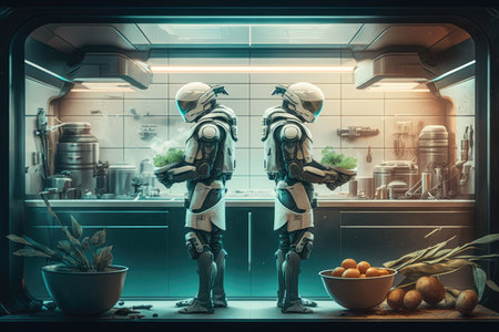 androids in futuristic kitchen, cooking elaborate meal, created with generative aiの素材