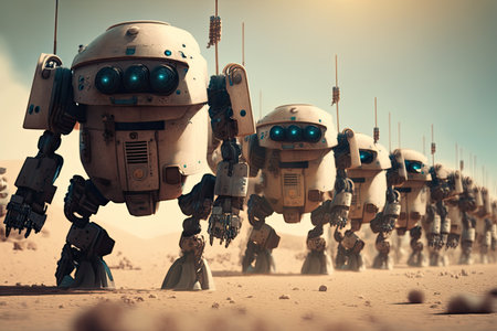 robot army marching in unison on a distant planet, created with generative aiの素材