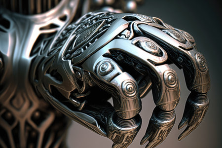 close-up of human hand, touching androids metal skin, created with generative aiの素材