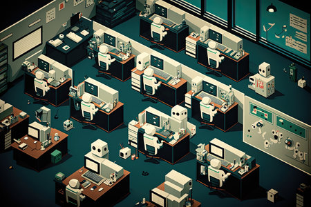 modern office, with androids working quietly at desks, or on smartphones, created with generative aiの素材