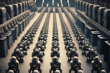 factory floor, with rows of androids being assembled by robots, created with generative aiの素材