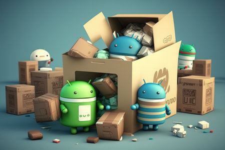 androids sorting and packaging products for shipping, created with generative aiの素材