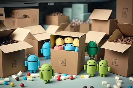 androids sorting and packaging products for shipping, created with generative aiの素材