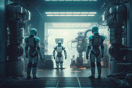 androids in futuristic factory, assembling products and performing other tasks, created with generative aiの素材