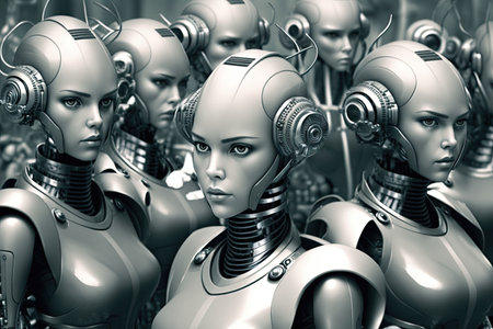 plethora of androids, all with unique personalities, being manufactured in futuristic factory, created with generative aiの素材