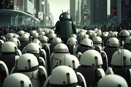 crowd of androids, each one different from the others, in futuristic cityscape, created with generative aiの素材