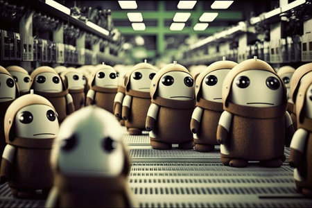 line of androids in factory, each performing its own task, created with generative aiの素材