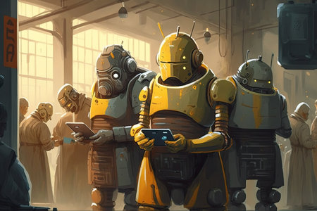 androids working together in factory, carrying out tasks and functions, created with generative aiの素材