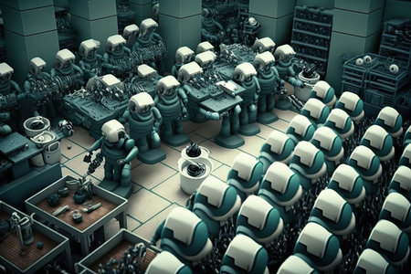 room filled with androids, each performing specific task in a factory setting, created with generative aiの素材