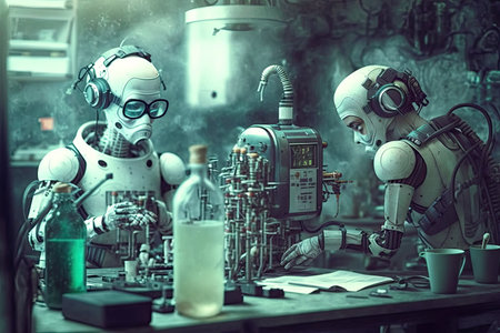 androids in science laboratory, performing complex experiments, created with generative aiの素材