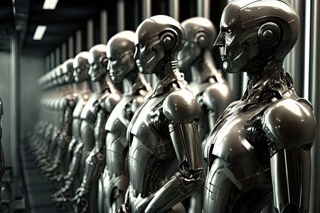 factory, with row after row of androids being assembled, their metallic skin and features glinting in the light, created with generative aiの素材