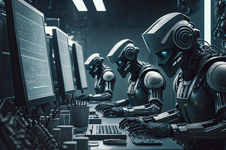 androids working in futuristic and high-tech factory, building other androids of the future, created with generative aiの素材