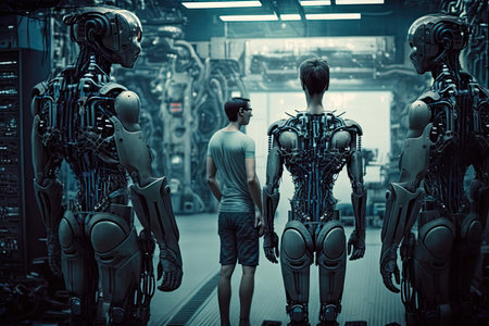 androids constructing androids in futuristic factory, created with generative aiの素材